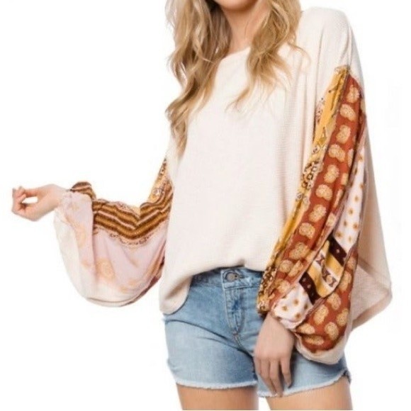 Free People Sweaters - NWOT Free People Blossom Thermal Top Ballet Combo Patchwork Balloon Sleeves Boho